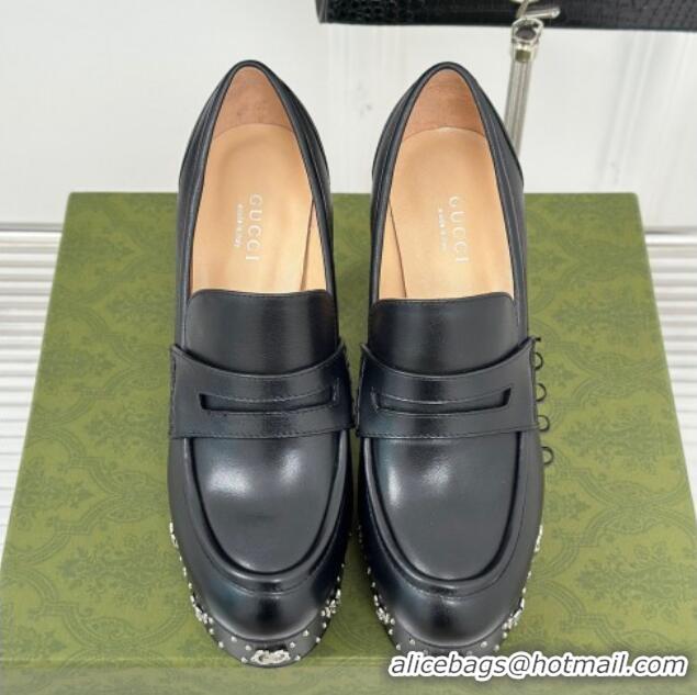 Good Quality Gucci Leather Platform Pumps 11cm with G Studs Black 106039