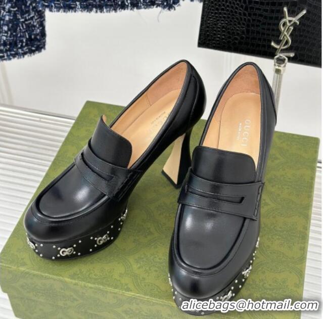 Good Quality Gucci Leather Platform Pumps 11cm with G Studs Black 106039