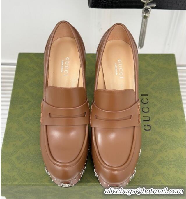 Charming Gucci Leather Platform Pumps 11cm with G Studs Brown 106040