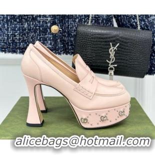 Popular Style Gucci Leather Platform Pumps 11cm with G Studs Light Pink 106041