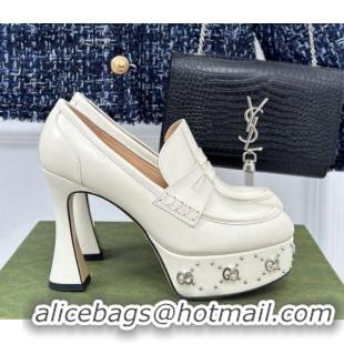 Best Price Gucci Leather Platform Pumps 11cm with G Studs White 1106042