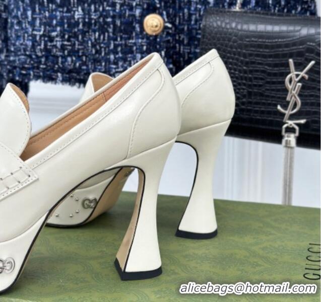 Best Price Gucci Leather Platform Pumps 11cm with G Studs White 1106042