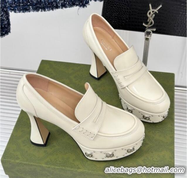 Best Price Gucci Leather Platform Pumps 11cm with G Studs White 1106042