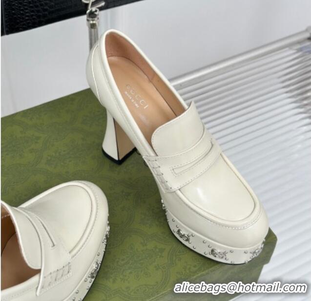 Best Price Gucci Leather Platform Pumps 11cm with G Studs White 1106042