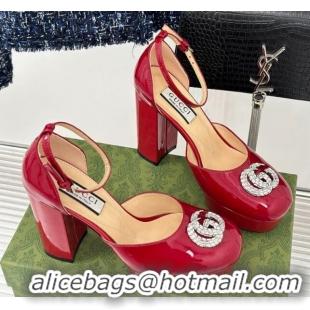 Top Design Gucci Patent Leather Platform Pumps 11.5cm with Crystals Double G Red 106043