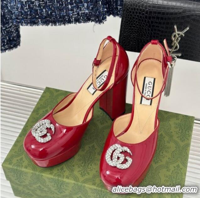 Top Design Gucci Patent Leather Platform Pumps 11.5cm with Crystals Double G Red 106043