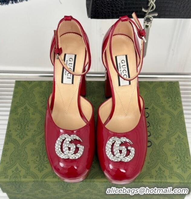 Top Design Gucci Patent Leather Platform Pumps 11.5cm with Crystals Double G Red 106043