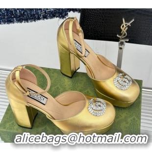 Purchase Gucci Metallic Leather Platform Pumps 11.5cm with Crystals Double G Gold 106044