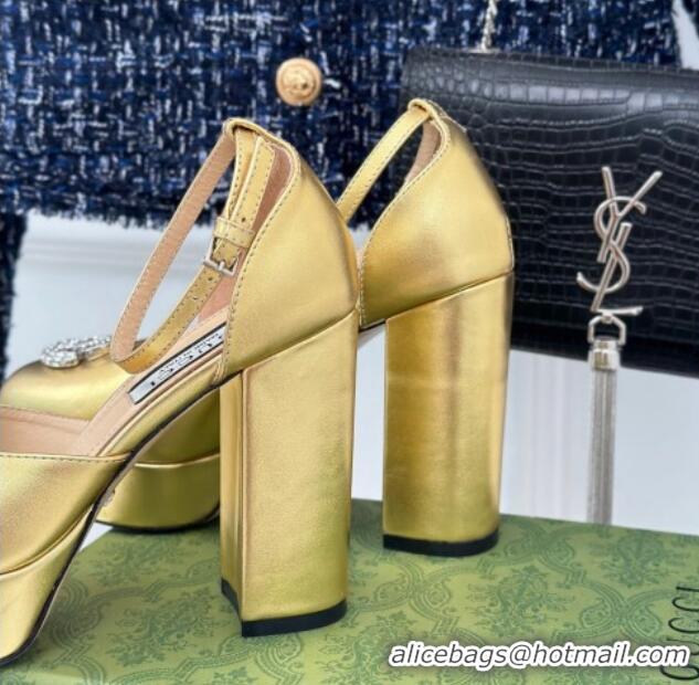 Purchase Gucci Metallic Leather Platform Pumps 11.5cm with Crystals Double G Gold 106044