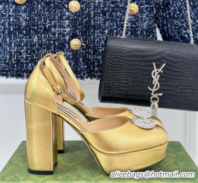 Purchase Gucci Metallic Leather Platform Pumps 11.5cm with Crystals Double G Gold 106044