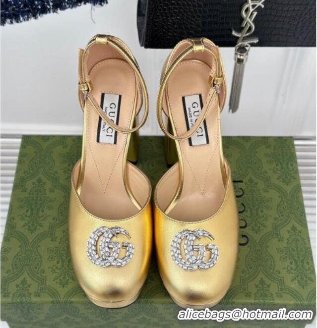 Purchase Gucci Metallic Leather Platform Pumps 11.5cm with Crystals Double G Gold 106044