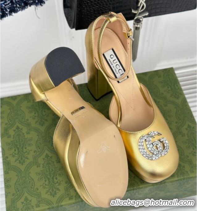 Purchase Gucci Metallic Leather Platform Pumps 11.5cm with Crystals Double G Gold 106044