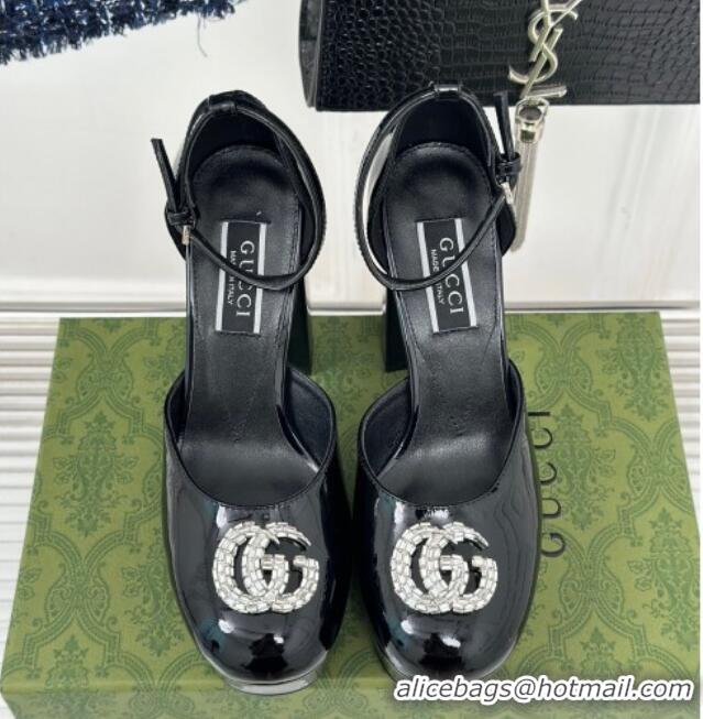 Unique Style Gucci Patent Leather Platform Pumps 11.5cm with Crystals Double G Black 106046