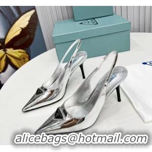 ​Famous Brand Prada Shiny Leather Slingback Pumps 3.5cm 030612 Silver