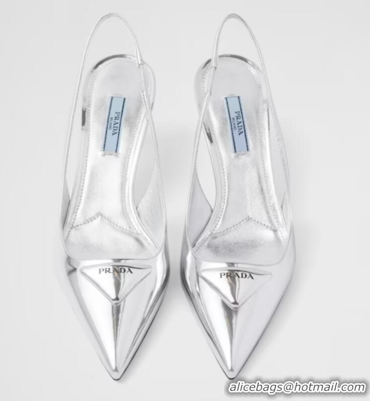 ​Famous Brand Prada Shiny Leather Slingback Pumps 3.5cm 030612 Silver