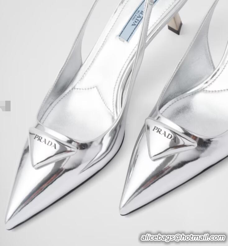 ​Famous Brand Prada Shiny Leather Slingback Pumps 3.5cm 030612 Silver