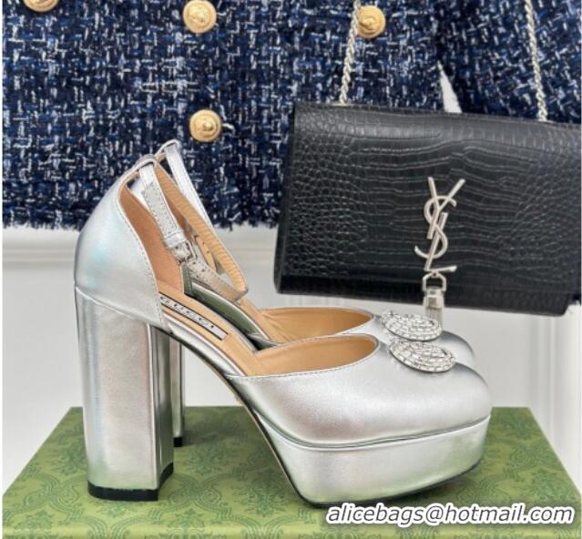 Buy Luxury Gucci Metallic Leather Platform Pumps 11.5cm with Crystals Double G Silver 106047