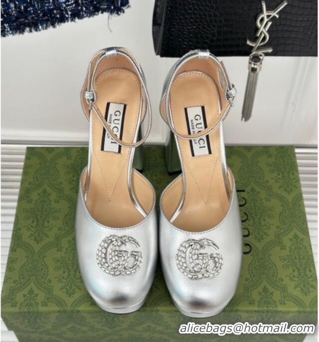 Buy Luxury Gucci Metallic Leather Platform Pumps 11.5cm with Crystals Double G Silver 106047