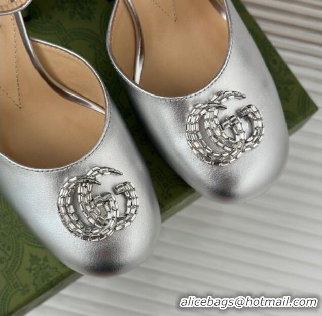 Buy Luxury Gucci Metallic Leather Platform Pumps 11.5cm with Crystals Double G Silver 106047