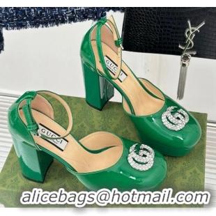 Grade Quality Gucci Patent Leather Platform Pumps 11.5cm with Crystals Double G Green 106048