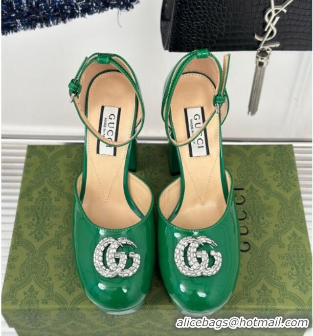 Grade Quality Gucci Patent Leather Platform Pumps 11.5cm with Crystals Double G Green 106048