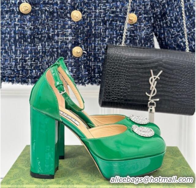 Grade Quality Gucci Patent Leather Platform Pumps 11.5cm with Crystals Double G Green 106048