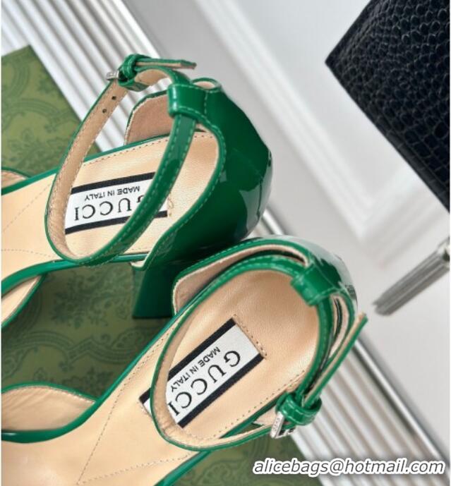 Grade Quality Gucci Patent Leather Platform Pumps 11.5cm with Crystals Double G Green 106048