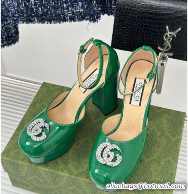 Grade Quality Gucci Patent Leather Platform Pumps 11.5cm with Crystals Double G Green 106048