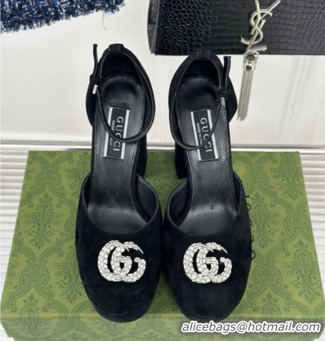 Best Product Gucci Suede Platform Pumps 11.5cm with Crystals Double G Black 106049