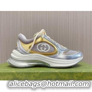 Good Quality Gucci Run Trainer Sneakers in Mesh and Leather with Interlocking G Silver/Gold 106113