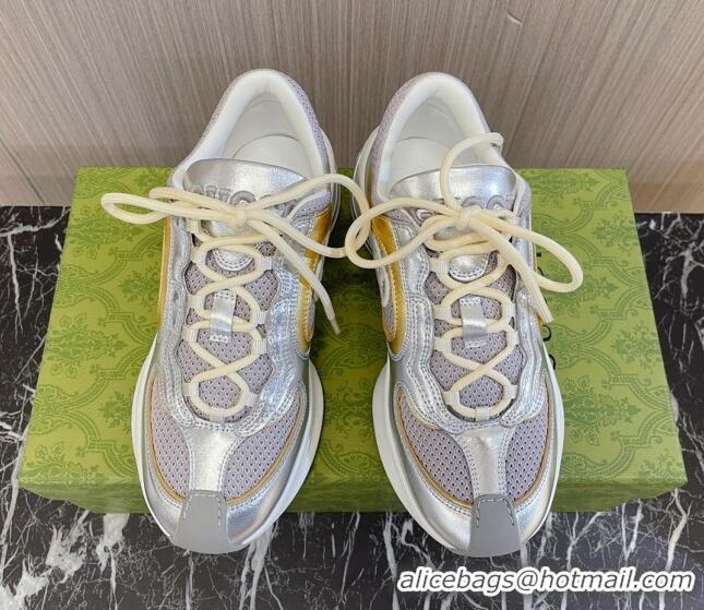 Good Quality Gucci Run Trainer Sneakers in Mesh and Leather with Interlocking G Silver/Gold 106113