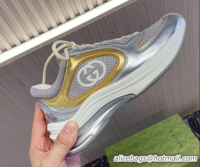 Good Quality Gucci Run Trainer Sneakers in Mesh and Leather with Interlocking G Silver/Gold 106113