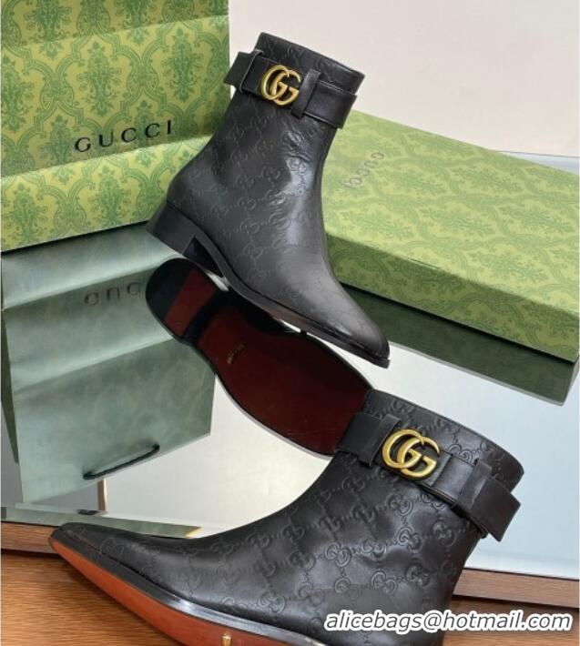 Classic Hot Gucci Black GG Leather Ankle Boots 3.5cm with Strap 117024