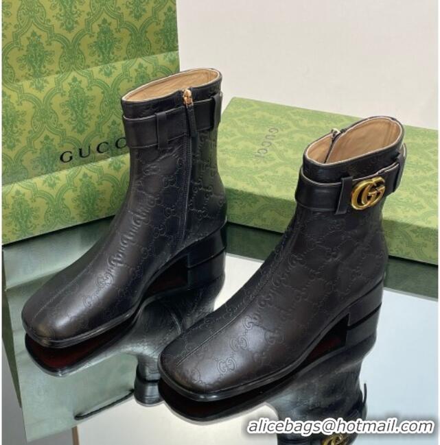 Classic Hot Gucci Black GG Leather Ankle Boots 3.5cm with Strap 117024