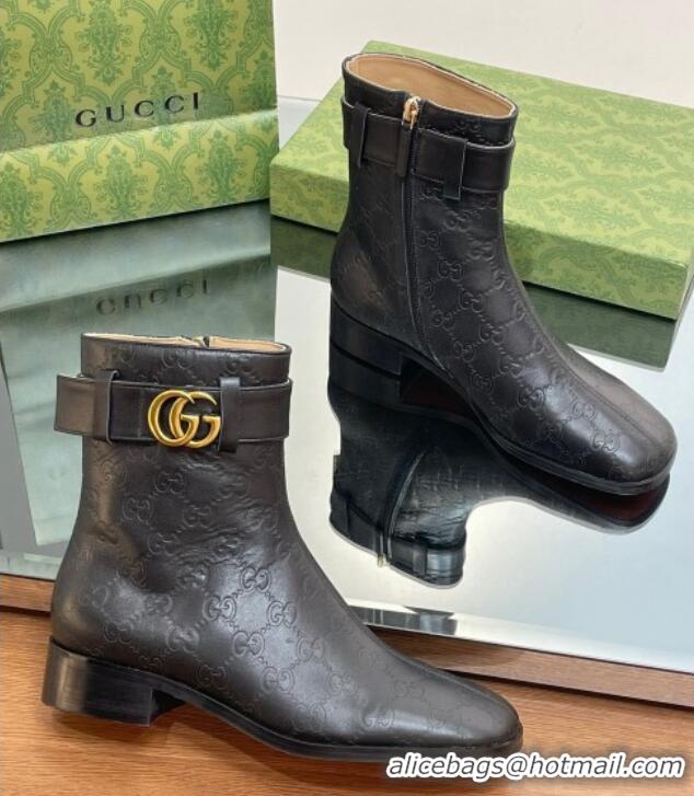 Classic Hot Gucci Black GG Leather Ankle Boots 3.5cm with Strap 117024