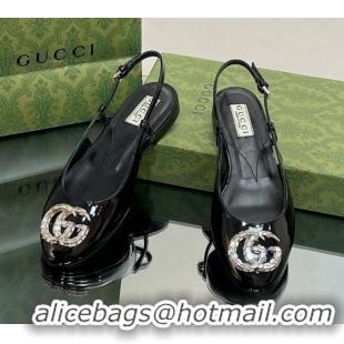 Low Cost Gucci Slingback Ballet Flat with Crystals Double G in Patent Leather Black 117026