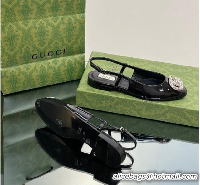 Low Cost Gucci Slingback Ballet Flat with Crystals Double G in Patent Leather Black 117026