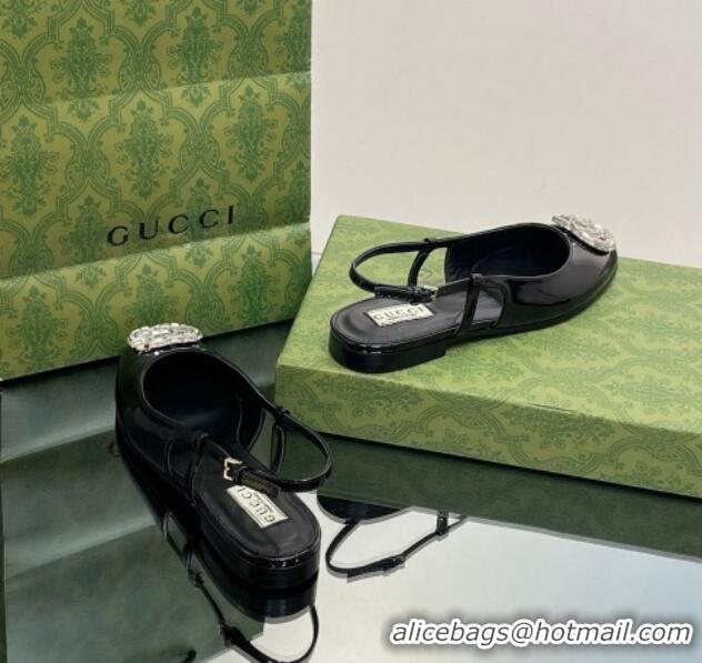 Low Cost Gucci Slingback Ballet Flat with Crystals Double G in Patent Leather Black 117026