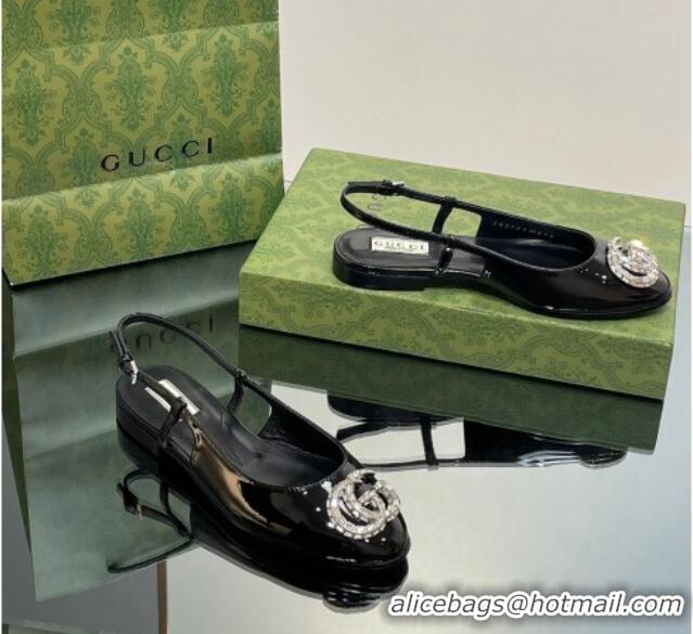 Low Cost Gucci Slingback Ballet Flat with Crystals Double G in Patent Leather Black 117026