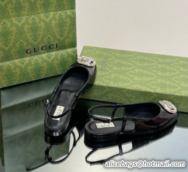 Low Cost Gucci Slingback Ballet Flat with Crystals Double G in Patent Leather Black 117026