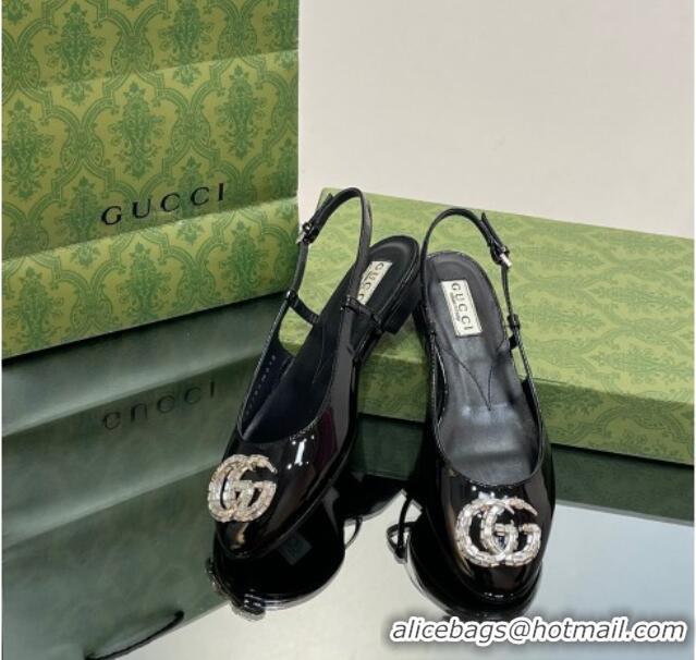 Low Cost Gucci Slingback Ballet Flat with Crystals Double G in Patent Leather Black 117026