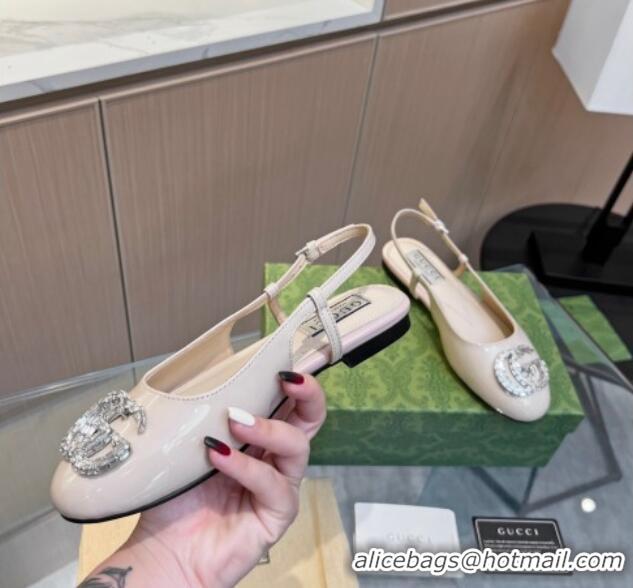 Buy New Cheap Gucci Slingback Ballet Flat with Crystals Double G in Patent Leather Light Nude 117028