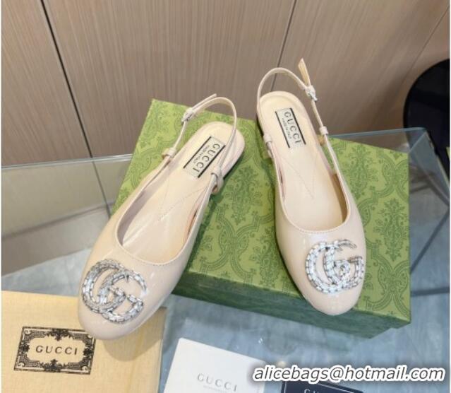 Buy New Cheap Gucci Slingback Ballet Flat with Crystals Double G in Patent Leather Light Nude 117028