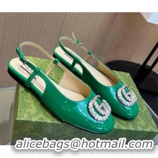 Unique Style Gucci Slingback Ballet Flat with Crystals Double G in Patent Leather Green 117029