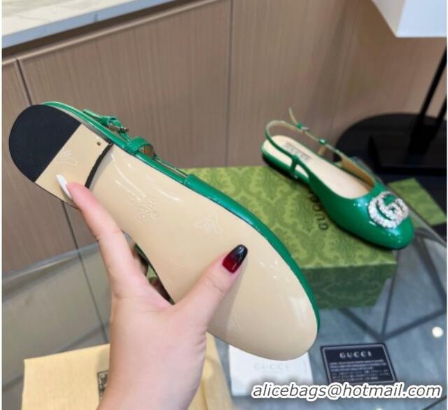 Unique Style Gucci Slingback Ballet Flat with Crystals Double G in Patent Leather Green 117029