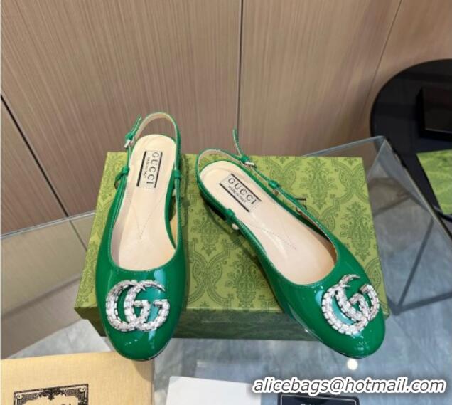 Unique Style Gucci Slingback Ballet Flat with Crystals Double G in Patent Leather Green 117029