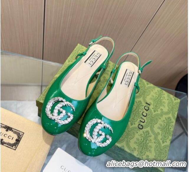 Unique Style Gucci Slingback Ballet Flat with Crystals Double G in Patent Leather Green 117029