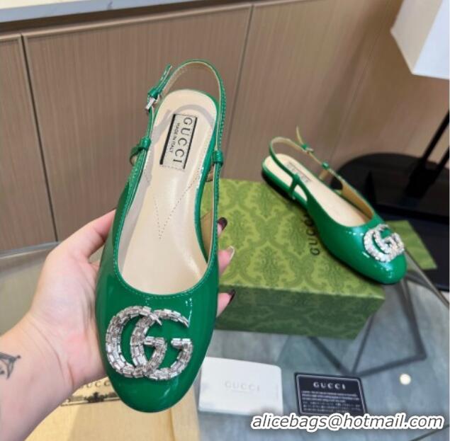 Unique Style Gucci Slingback Ballet Flat with Crystals Double G in Patent Leather Green 117029