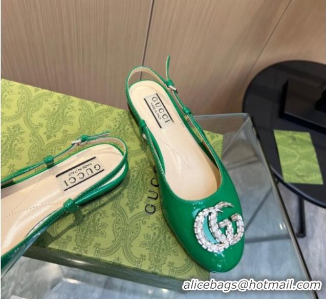 Unique Style Gucci Slingback Ballet Flat with Crystals Double G in Patent Leather Green 117029