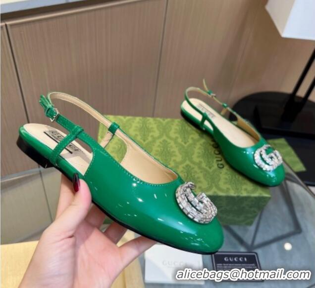 Unique Style Gucci Slingback Ballet Flat with Crystals Double G in Patent Leather Green 117029